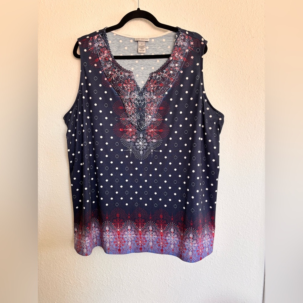 Catherines Navy Polka Dot Sleeveless Blouse Red White Boho Print